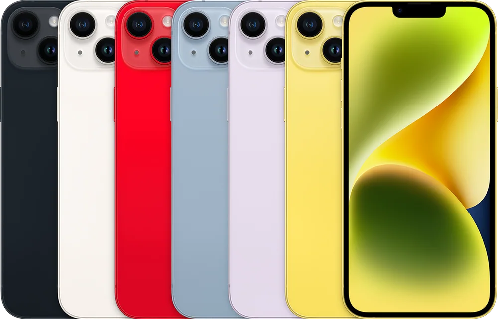 iPhone 14 Plus — Midnight, starlight, (PRODUCT)RED, blue, purple, yellow